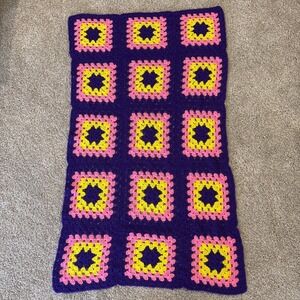 Handmade Crocheted Granny‎ Square Afghan Blanket Purple Pink Yellow 48.5x27.5"